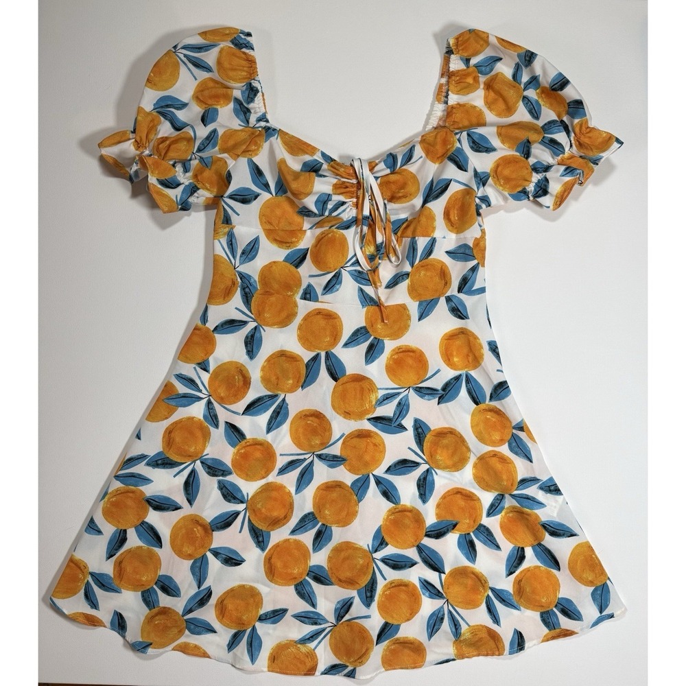 Orange Fruit Print Puff Sleeve Dress | Size M | Retro Vibes